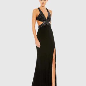 NWT | Mac Duggal‎ 68166 Black Deep V Cut Out Criss Cross Floral Sequin Gown 6